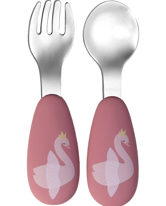 Set Posate Forchetta e Cucchiaio - Ivy il Cigno - Rosa - Silicone e Acciaio Inox