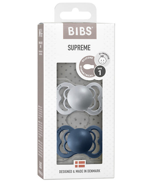 BIBS  Ciuccio Supreme - Tettarella Simmetrica in Silicone - Cloud e Steel Blue - Senza PBA, PVC e Flatati. 6-18 mesi