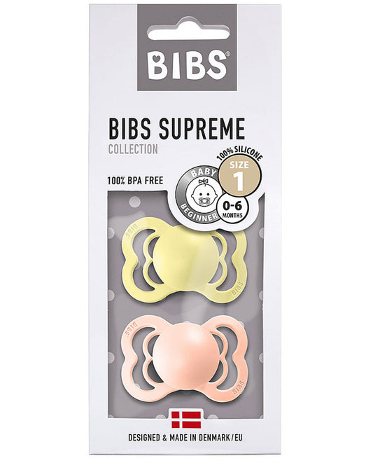 BIBS  Ciuccio Supreme - Tettarella Simmetrica in Silicone - Sunshine e Peach Sunset - Senza PBA, PVC e Flatati. 6-18 mesi