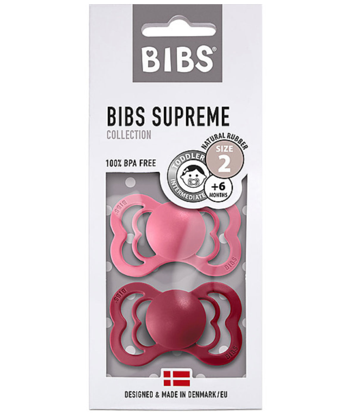 BIBS  Ciuccio Supreme - Tettarella Simmetrica in Gomma Naturale - Corallo e Ruby - Senza PBA, PVC e Flatati.6-18 mesi