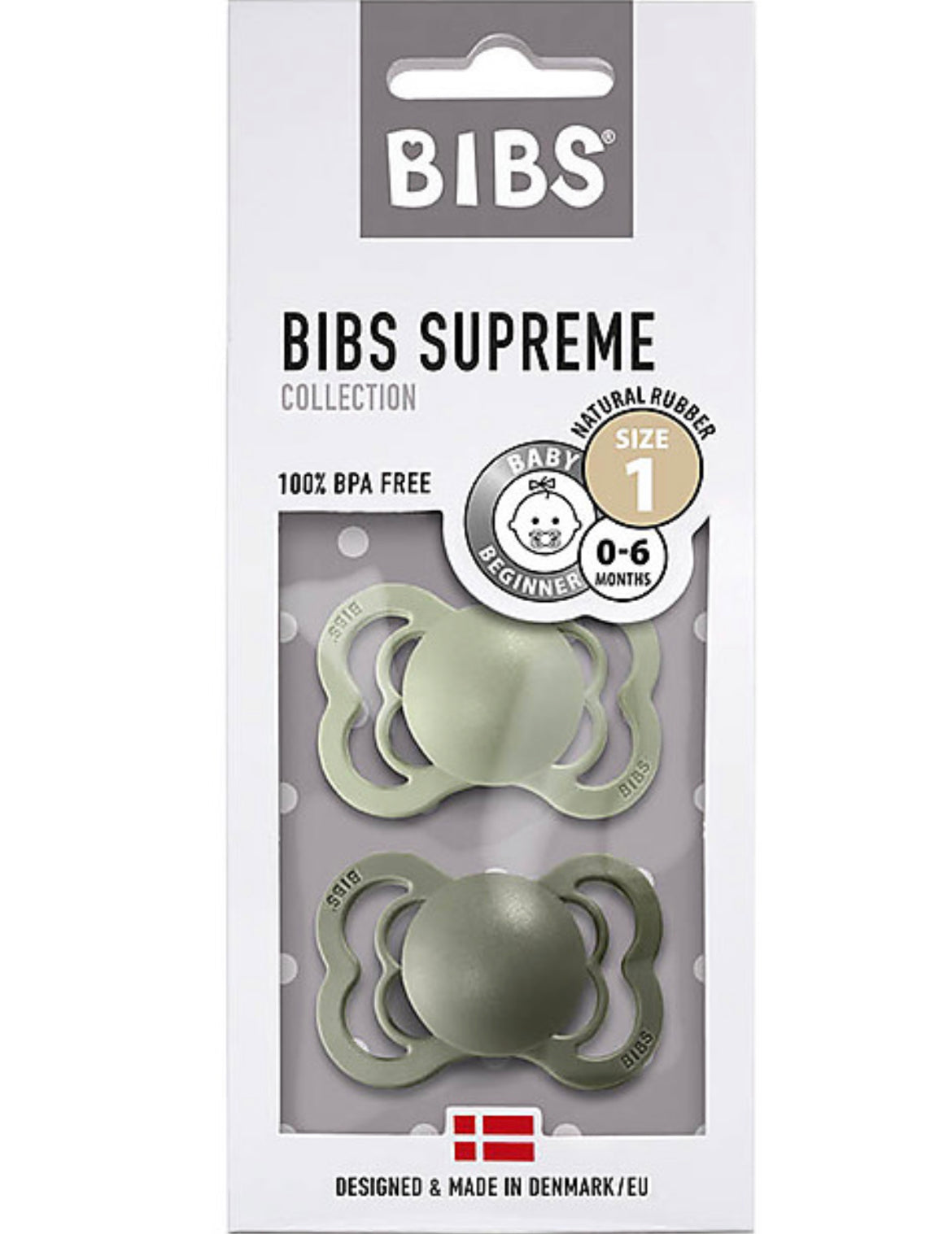 BIBS  Ciuccio Supreme - Tettarella Simmetrica in Gomma Naturale - Verde Salvia e Hunter Green - Senza PBA, PVC e Flatati.0-6 mesi