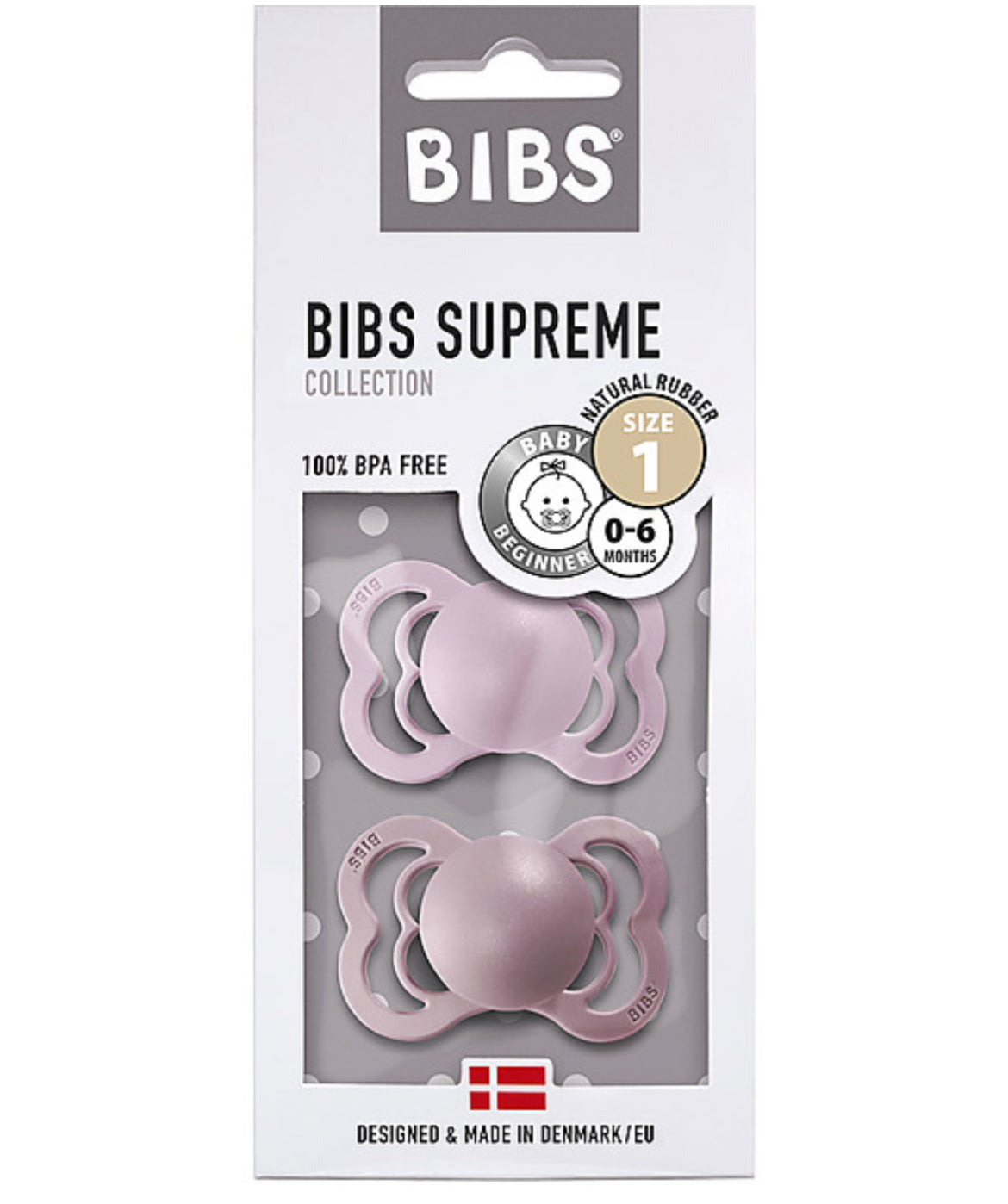 BIBS  Ciuccio Supreme - Tettarella Simmetrica in Gomma Naturale - Lilla Chiaro e Heather - Senza PBA, PVC e Flatati.6-18 mesi